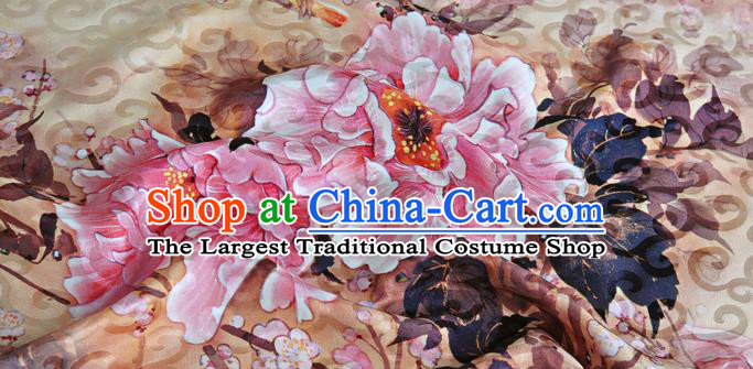 Chinese Classical Peony Pattern Design Light Brown Silk Fabric Asian Traditional Hanfu Mulberry Silk Material