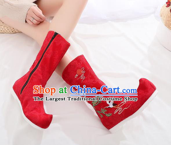 Traditional Chinese Kung Fu Red Boots Opera Shoes Hanfu Shoes Embroidered Crane Boots for Women