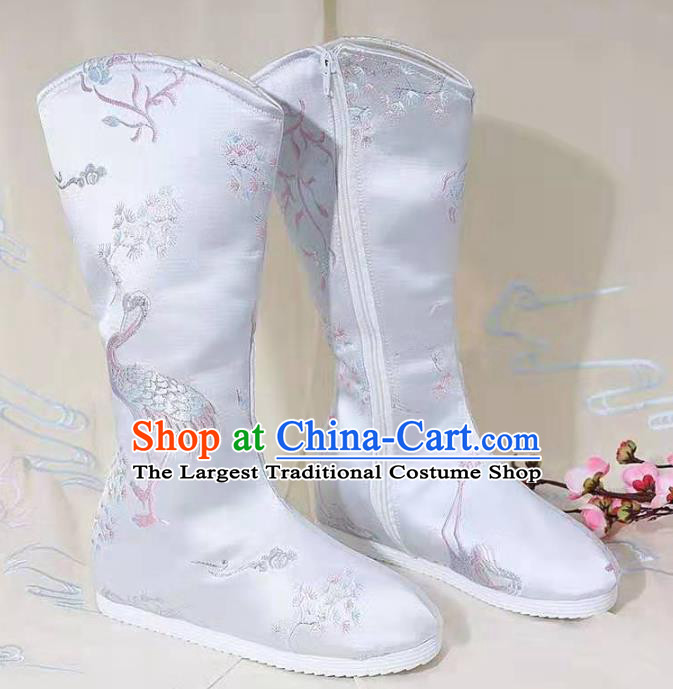 Chinese Kung Fu Boots Opera Shoes Hanfu Shoes Embroidered Crane White Boots for Women