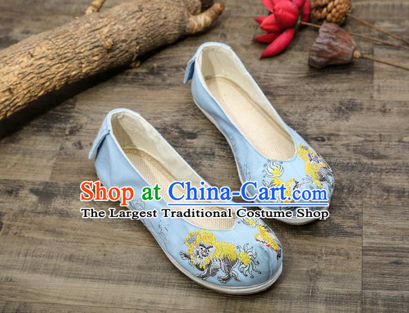 Chinese Embroidered Lion Blue Shoes Hanfu Shoes Women Shoes Opera Shoes Princess Shoes