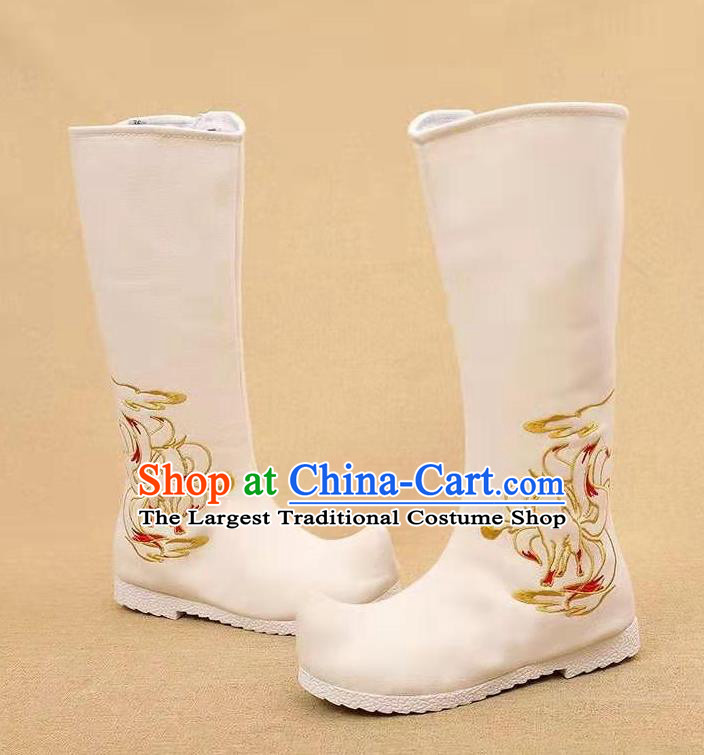 Traditional Chinese Embroidered Nine Tailed Fox White Boots Kung Fu Boots Opera Shoes Hanfu Shoes for Women