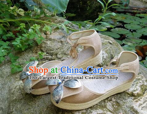 Traditional Chinese Handmade Flaxen Wedge Heel Shoes Women Yunnan National Shoes Embroidered Sandal