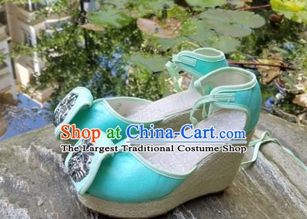 Traditional Chinese Handmade Carving Silver Butterfly Green Shoes Yunnan National Shoes Embroidered Sandal for Women