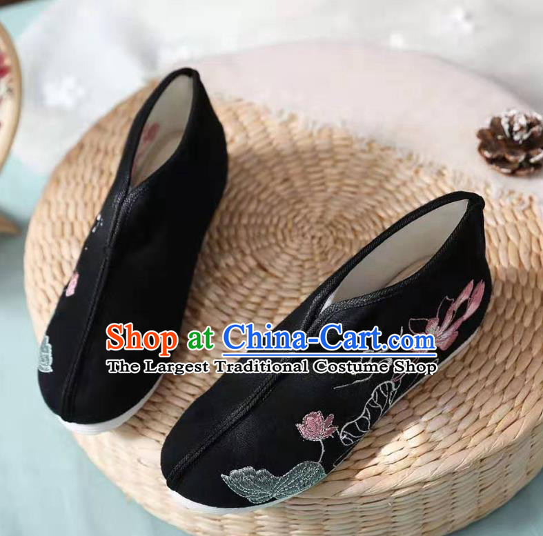 Chinese Black Embroidered Lotus Shoes Hanfu Shoes Women Shoes Opera Shoes Princess Shoes
