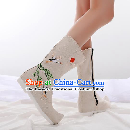 Traditional Chinese Kung Fu Beige Boots Opera Shoes Hanfu Shoes Embroidered Crane Boots for Women