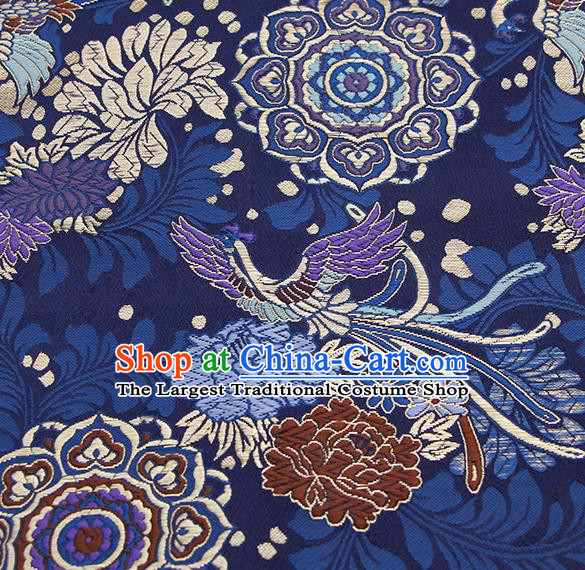 Chinese Classical Phoenix Peony Pattern Design Navy Brocade Fabric Asian Traditional Hanfu Satin Material