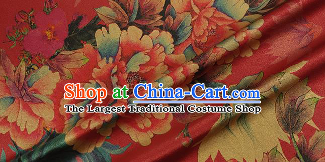 Chinese Classical Peony Chrysanthemum Pattern Design Red Silk Fabric Asian Traditional Hanfu Mulberry Silk Material