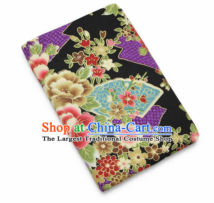Asian Japanese Traditional Peony Pattern Design Black Brocade Fabric Tapestry Satin