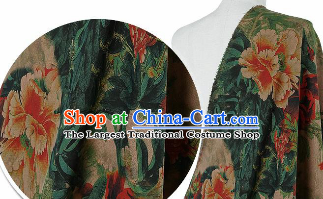 Chinese Classical Peony Pattern Design Atrovirens Silk Fabric Asian Traditional Hanfu Mulberry Silk Material