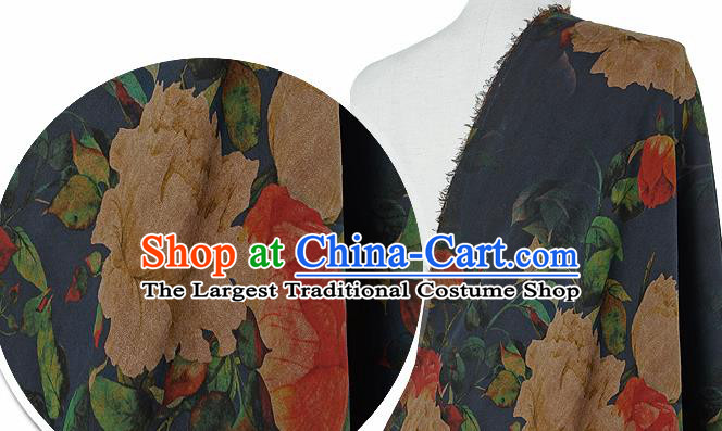 Chinese Classical Hibiscus Pattern Design Navy Silk Fabric Asian Traditional Hanfu Mulberry Silk Material