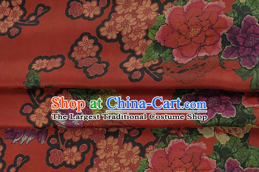 Chinese Classical Peony Plum Pattern Design Rust Red Silk Fabric Asian Traditional Hanfu Mulberry Silk Material