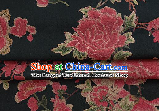 Chinese Classical Peony Magnolia Pattern Design Black Silk Fabric Asian Traditional Hanfu Mulberry Silk Material