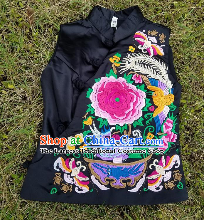 Traditional Chinese Embroidered Peony Black Vest Handmade National Upper Outer Garment Costume for Women