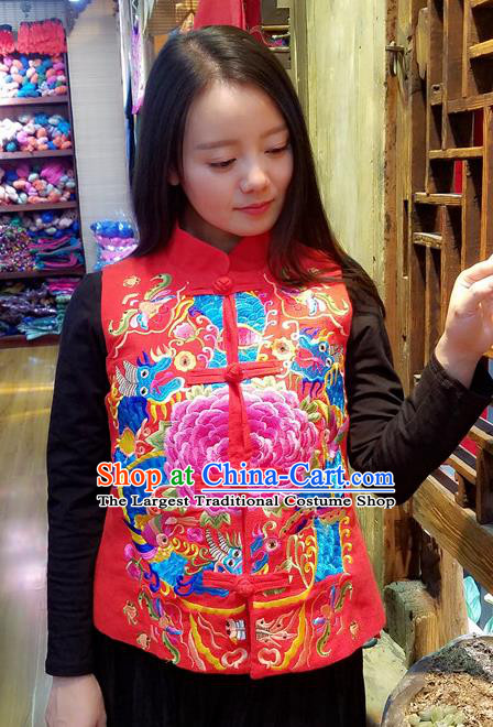 Traditional Chinese Embroidered Dragon Peony Red Vest National Waistcoat Costume for Women