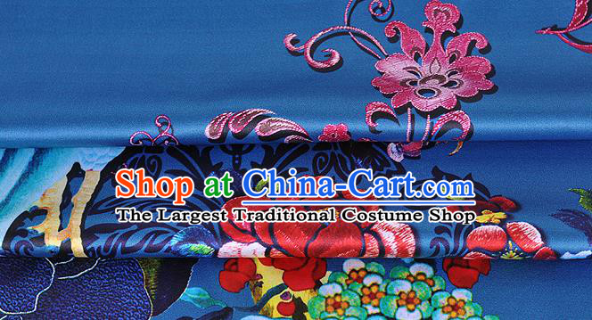 Chinese Classical Peacock Peony Pattern Design Royalblue Silk Fabric Asian Traditional Hanfu Mulberry Silk Material