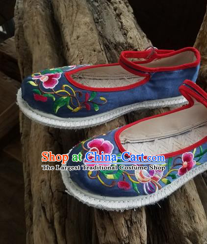 Traditional Chinese Ethnic Embroidered Flower Navy Satin Shoes National Shoes Hanfu Shoes for Women