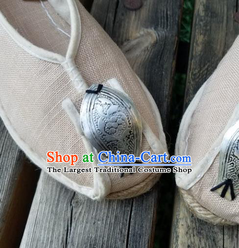 Traditional Chinese Handmade Carving Silver Beige Shoes Yunnan National Shoes Embroidered Shoes for Women