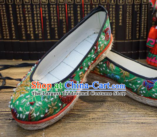 Traditional Chinese Ethnic Green Embroidered Beads Shoes Handmade Yunnan National Shoes Wedding Shoes for Women