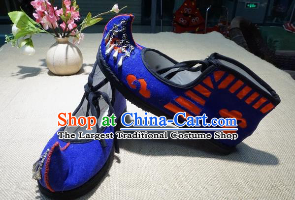 Traditional Chinese Ethnic Miao Silver Blue Embroidered Shoes Handmade Yunnan National Shoes Wedding Shoes for Women