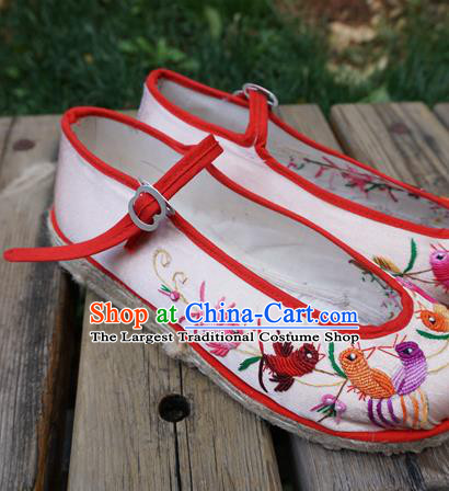 Traditional Chinese Ethnic Embroidered Magpie Light Pink Shoes Handmade Yunnan National Shoes Wedding Shoes for Women