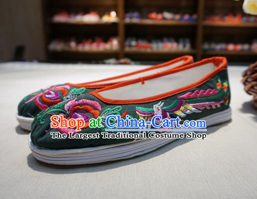 Traditional Chinese Ethnic Embroidered Phoenix Green Shoes Handmade Yunnan National Shoes Wedding Shoes for Women