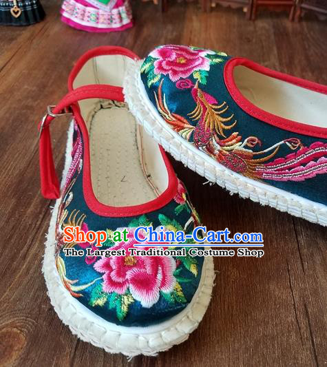 Traditional Chinese National Embroidered Phoenix Peony Peacock Blue Shoes Ethnic Shoes Hanfu Shoes for Women