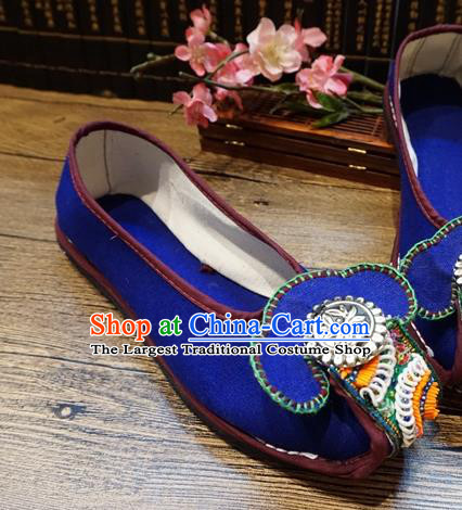 Traditional Chinese Handmade Ethnic Blue Shoes Yunnan National Carving Silver Shoes Embroidered Shoes for Women