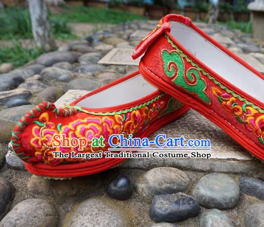 Traditional Chinese Embroidered Peony Red Shoes National Ethnic Wedding Shoes Hanfu Shoes for Women