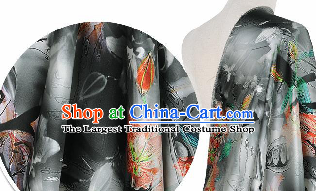 Chinese Classical Lily Flowers Pattern Design Grey Silk Fabric Asian Traditional Hanfu Mulberry Silk Material