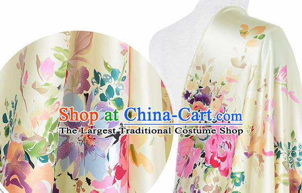 Chinese Classical Flowers Pattern Design Light Yellow Silk Fabric Asian Traditional Hanfu Mulberry Silk Material