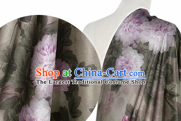 Chinese Classical Peony Flowers Pattern Design Grey Silk Fabric Asian Traditional Hanfu Mulberry Silk Material