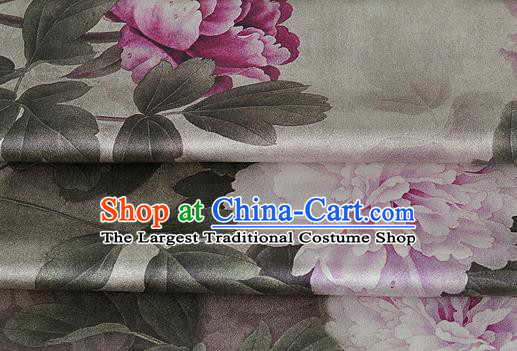 Chinese Classical Peony Flowers Pattern Design Grey Silk Fabric Asian Traditional Hanfu Mulberry Silk Material