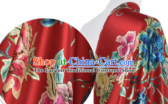 Chinese Classical Peony Pattern Design Red Silk Fabric Asian Traditional Hanfu Mulberry Silk Material