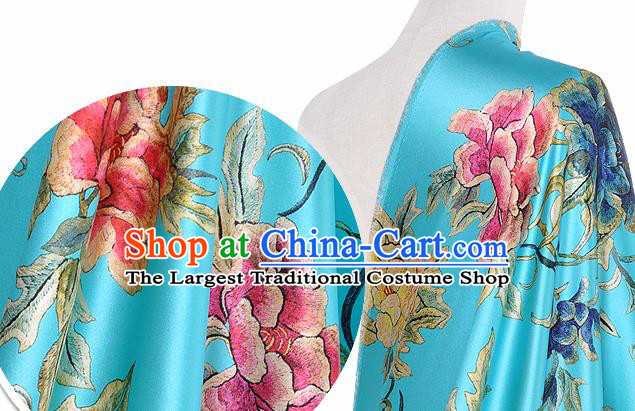 Chinese Classical Peony Pattern Design Blue Silk Fabric Asian Traditional Hanfu Mulberry Silk Material