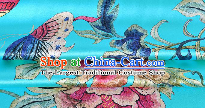 Chinese Classical Peony Pattern Design Blue Silk Fabric Asian Traditional Hanfu Mulberry Silk Material