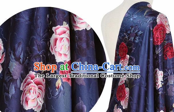 Chinese Classical Cloud Peony Pattern Design Navy Silk Fabric Asian Traditional Hanfu Mulberry Silk Material