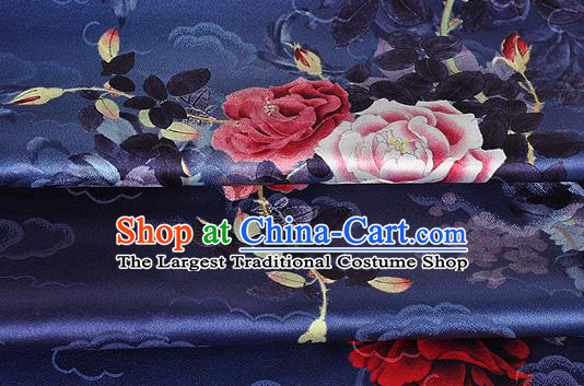 Chinese Classical Cloud Peony Pattern Design Navy Silk Fabric Asian Traditional Hanfu Mulberry Silk Material