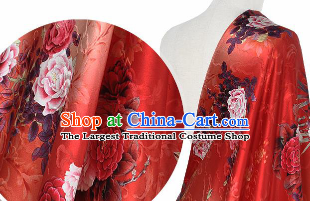 Chinese Classical Cloud Peony Pattern Design Red Silk Fabric Asian Traditional Hanfu Mulberry Silk Material