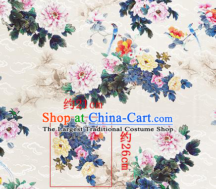 Chinese Classical Peony Pattern Design Beige Silk Fabric Asian Traditional Hanfu Mulberry Silk Material