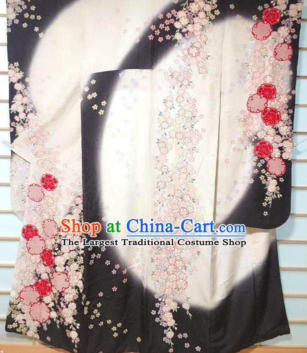 Japanese Traditional Printing Sakura White Furisode Kimono Japan Iromuji Yukata Dress Costume for Women