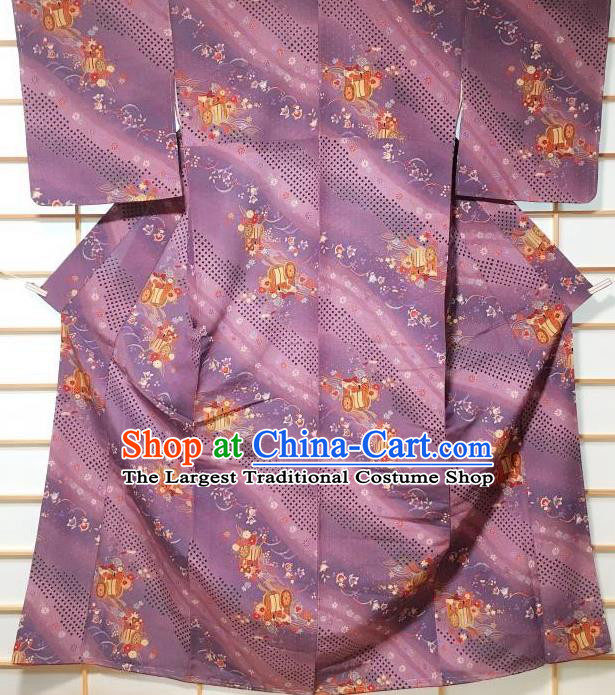 Japanese Traditional Printing Purple Furisode Kimono Japan Yukata Dress Costume for Women