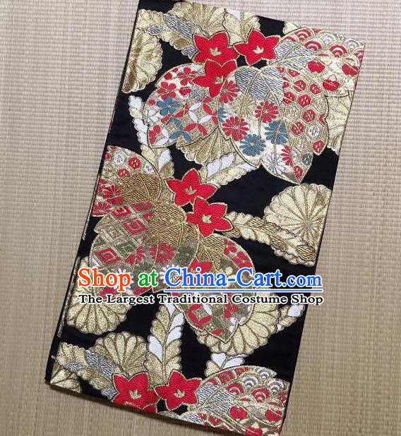 Japanese Traditional Embroidered Pattern Black Brocade Waistband Japan Kimono Yukata Belt for Women