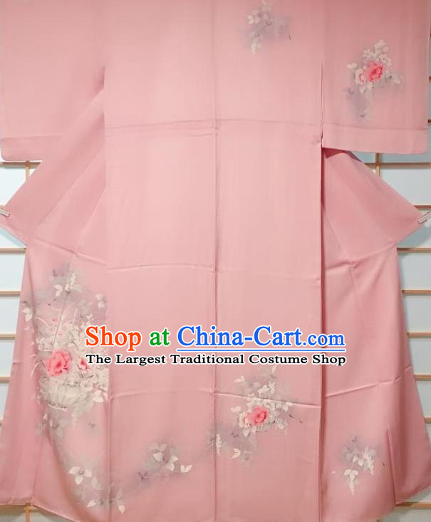 Traditional Japanese Printing Peony Vase Pink Furisode Kimono Japan Yukata Dress Costume for Women