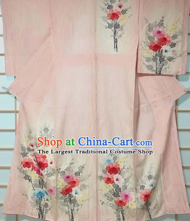 Traditional Japanese Classical Camellia Pattern Pink Kimono Japan Yukata Dress Costume for Women