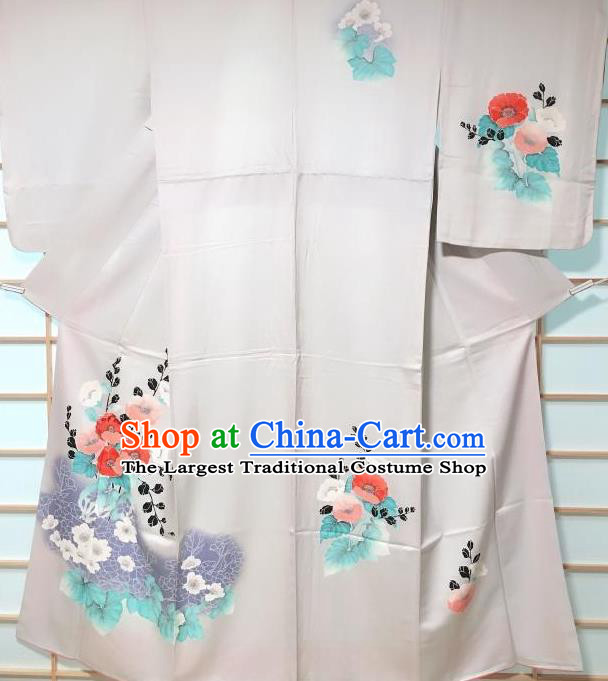 Traditional Japanese Classical Camellia Pattern Grey Kimono Japan Yukata Dress Costume for Women