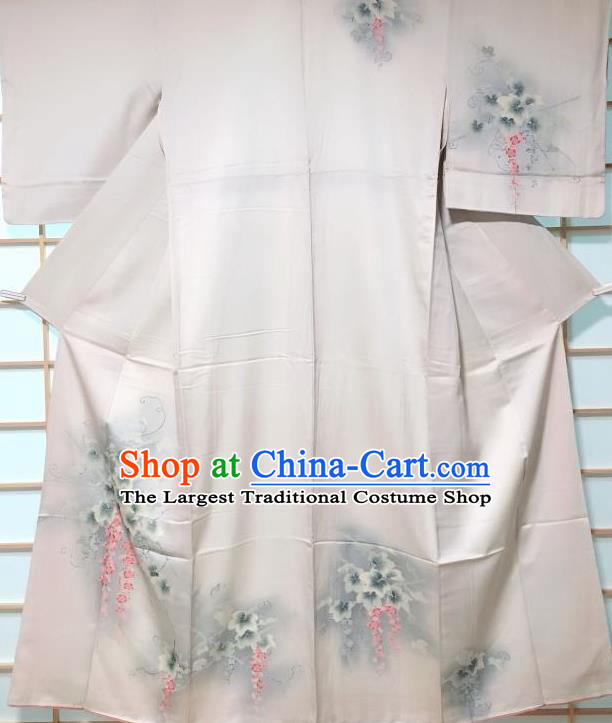 Traditional Japanese Classical Grape Vine Pattern Grey Kimono Japan Yukata Dress Costume for Women