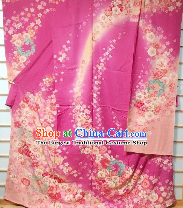 Traditional Japanese Classical Peony Pattern Rosy Furisode Kimono Japan Yukata Dress Costume for Women