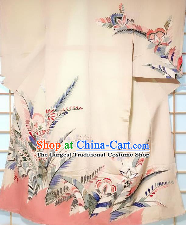 Japanese Traditional Printing Flowers Pattern Beige Tsukesage Kimono Japan Yukata Dress Costume for Women