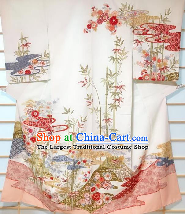 Japanese Traditional Chrysanthemum Bamboo Pattern Beige Tsukesage Kimono Japan Yukata Dress Costume for Women