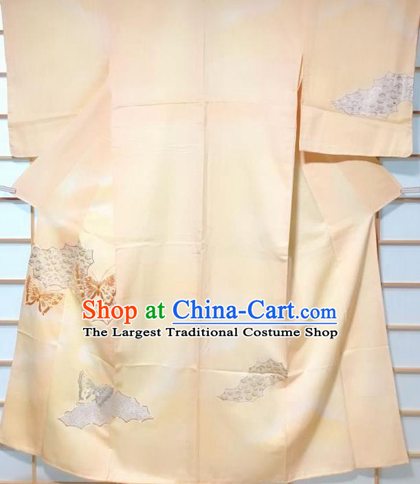 Japanese Traditional Embroidered Butterfly Pattern Light Yellow Tsukesage Kimono Japan Yukata Dress Costume for Women